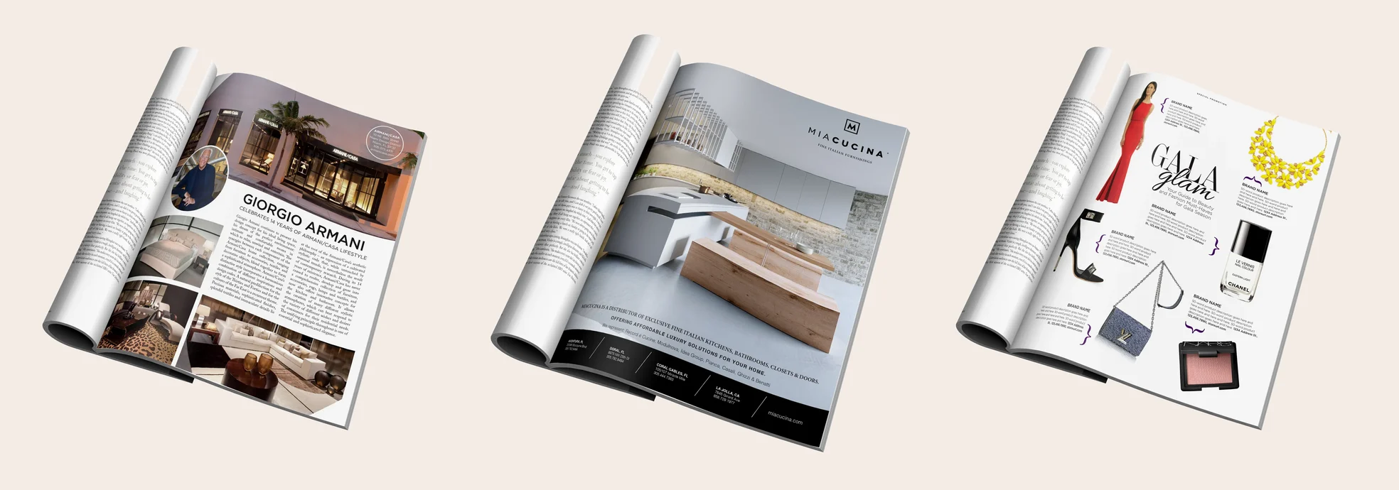 Modern Luxury pages: Giorgio Armani, MiaCucina ad and Gala Glam