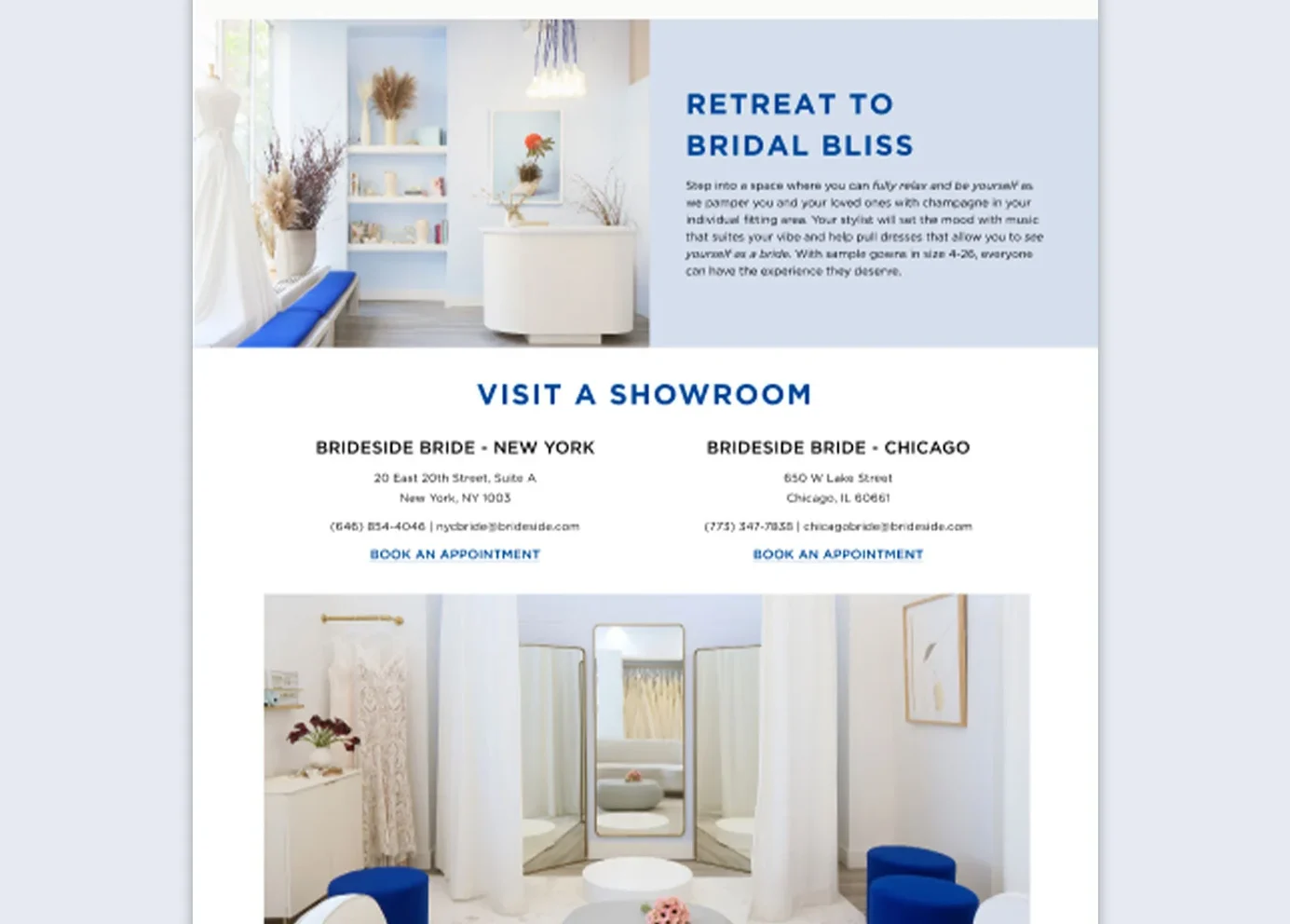 Brideside BRIDE landing page: showrooms and Meet Ellera