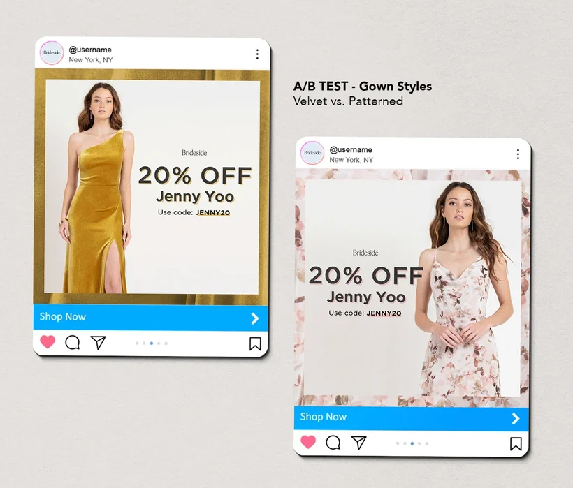 Paid social test: Gown styles, Velvet vs. patterned