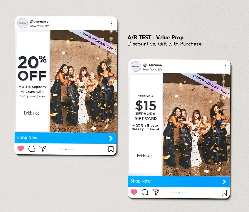 Paid social test: Value prop, Discount vs. gift with purchase