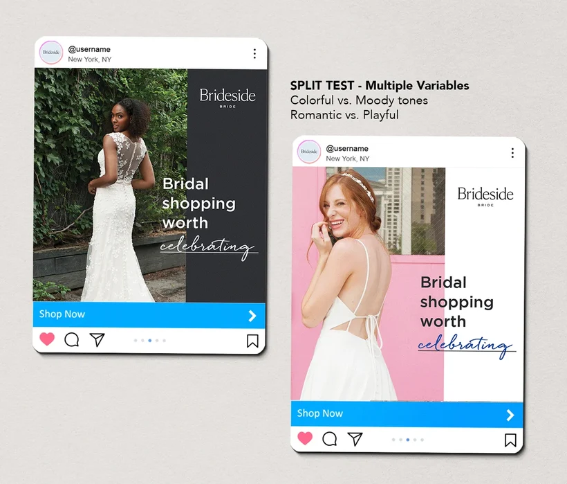 Paid social test: Split test, Colorful vs. moody, romantic vs. playful