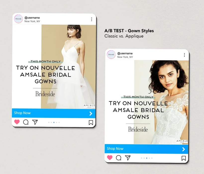Paid social test: Gown styles, Classic vs. appliqué