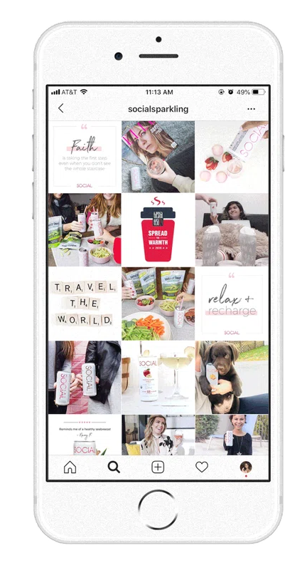 The Social Sparkling Wine Instagram feed on a phone, cycling through posts