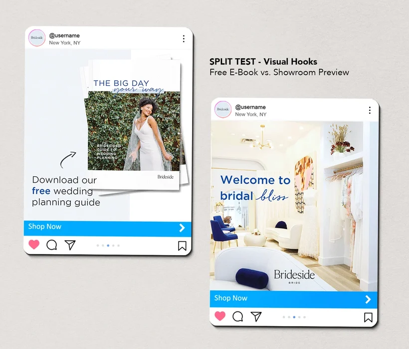 Paid social test: Visual hooks, Free e-book vs. showroom preview