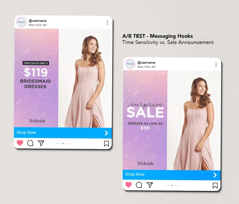 Paid social test: Messaging hooks, Time sensitivity vs. sale announcement
