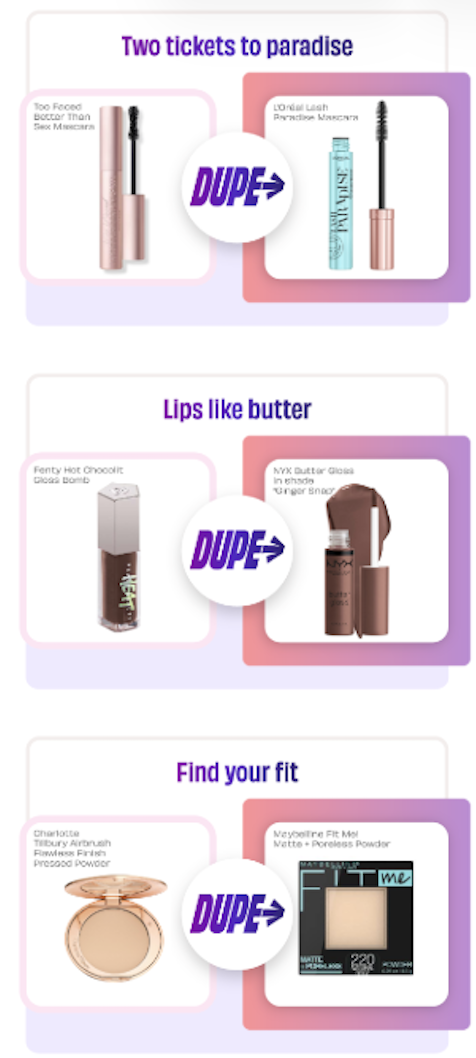 Blog graphic pairing high-end makeup with drugstore dupes