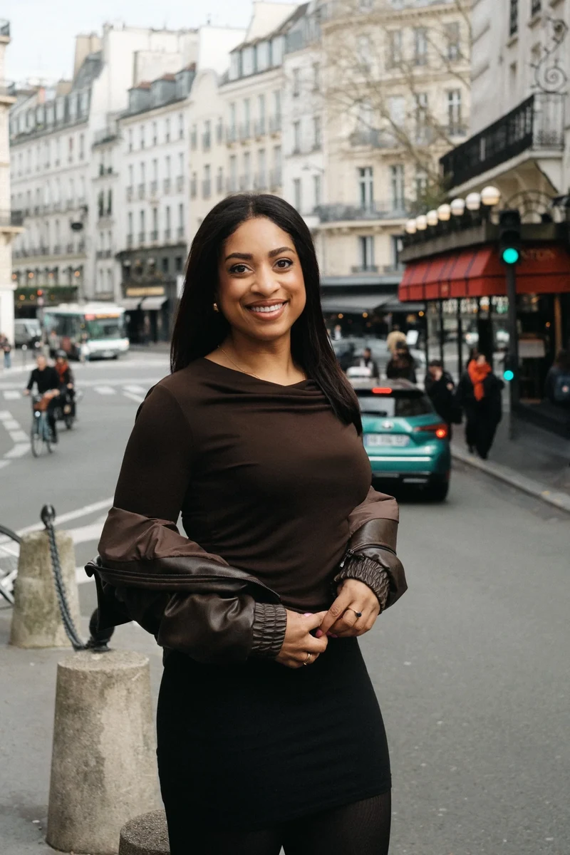 Whitney smiling on a Paris street in a brown top and leather jacket