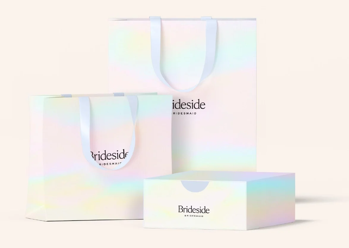Iridescent Brideside Bridesmaid shopping bags and box