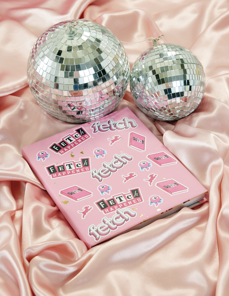 Fetch merch notebook with disco balls on pink satin